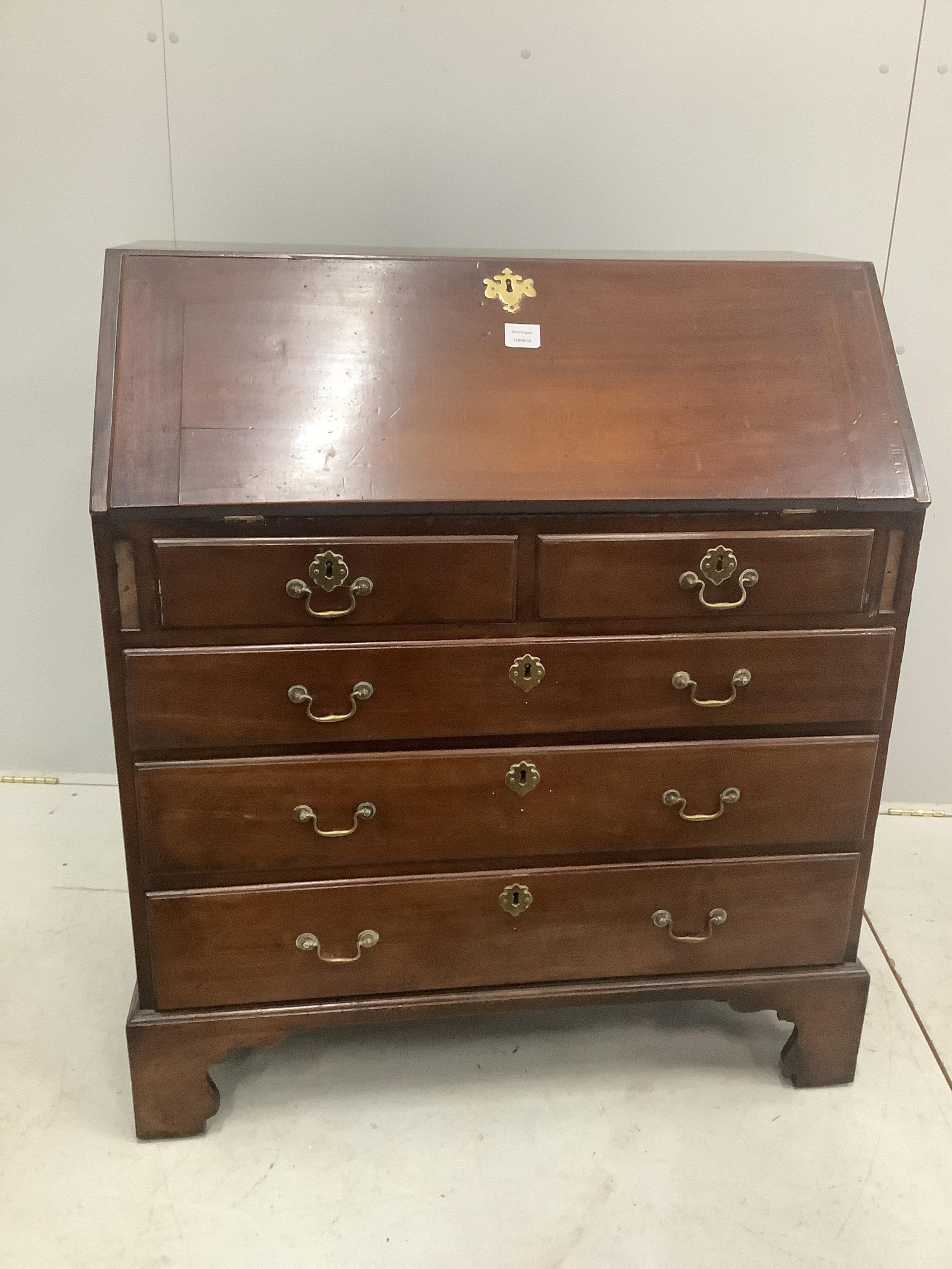 A George III mahogany bureau, width 91cm, depth 52cm, height 105cm. Condition - poor